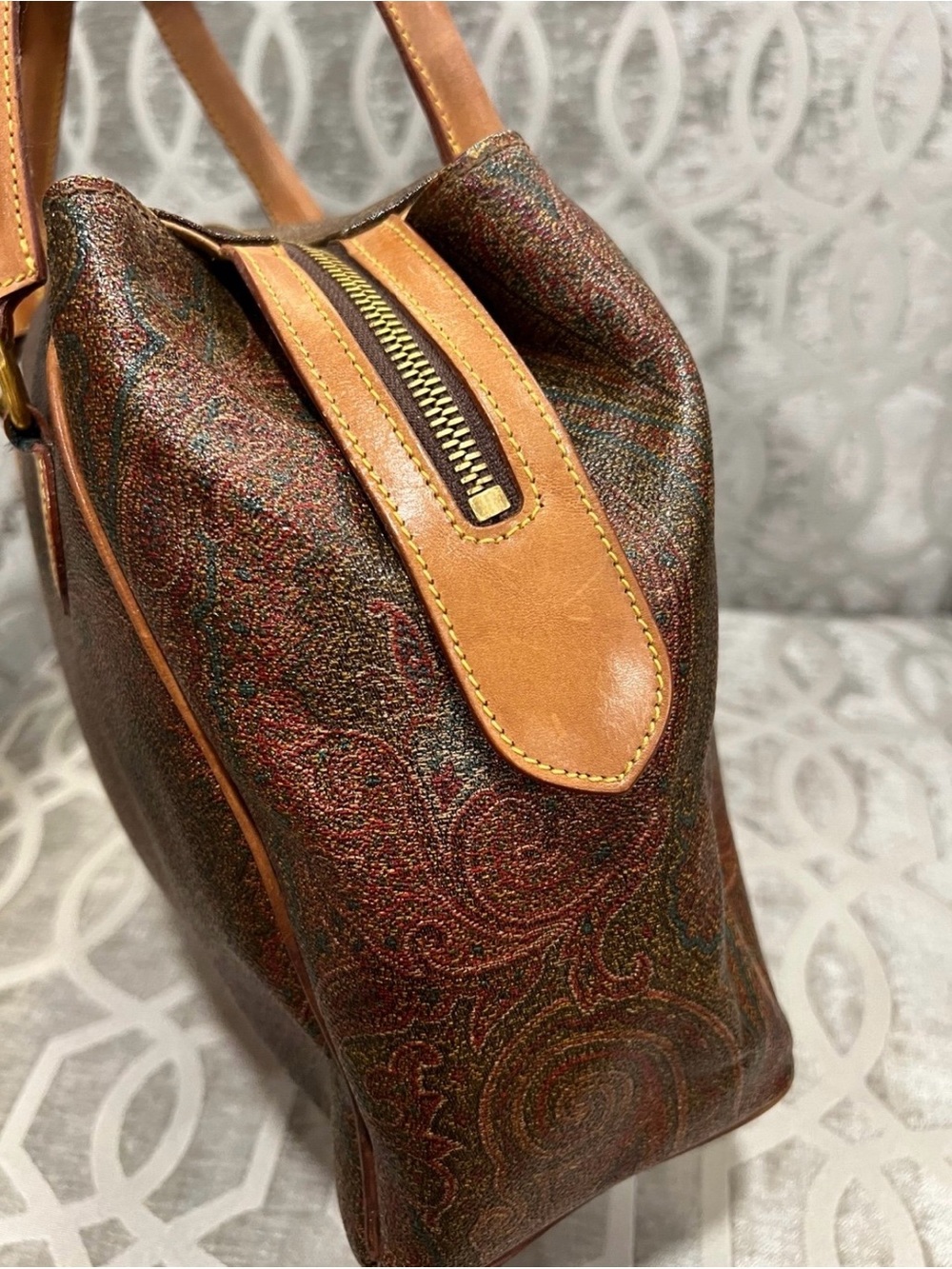 Etro Milano Paisley Satchel Leather Trim Top Handle Bag Italy - Picture 11 of 11